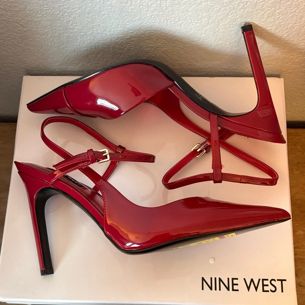 Nine West Red Patent Pointed-Toe Stiletto Heels with Ankle Straps - Picture 4 of 8